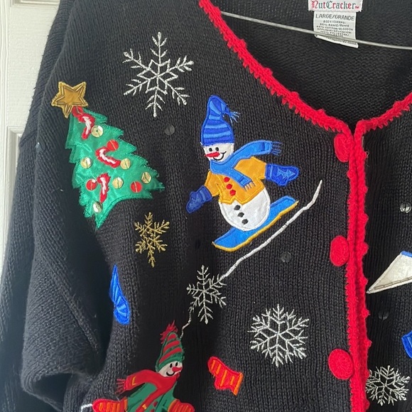 Vintage Nutcracker black button up ugly Christmas sweater cardigan snowman sz L - Picture 3 of 16